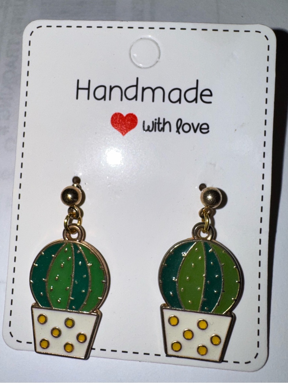 Handmade Green Cactus Drop dangling gold tone Earrings NWT